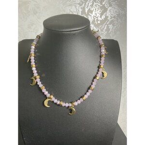 Pink Crystal Bead and Gold Moon Charm Celestrial Necklace
